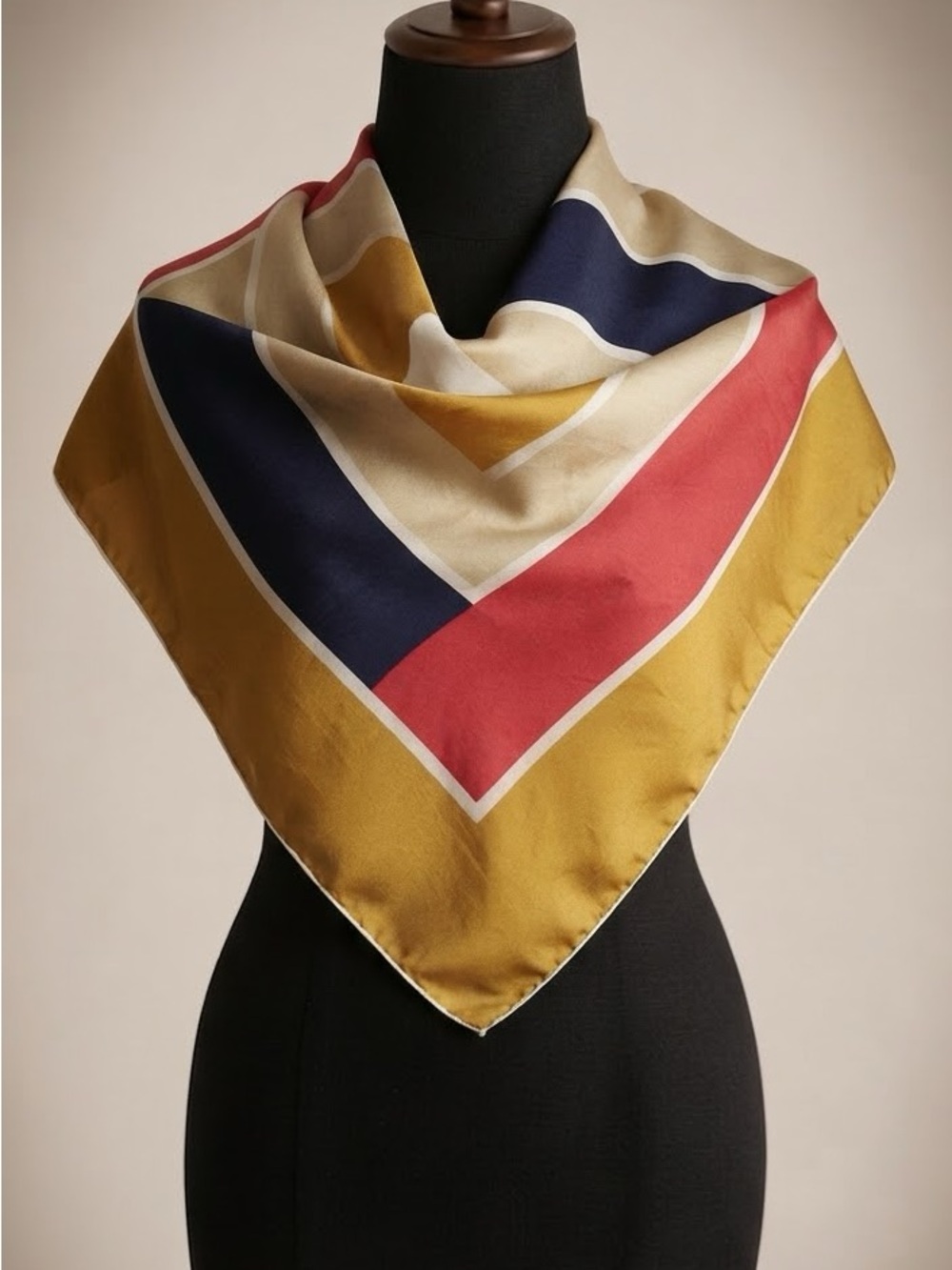 Marie-Chantal Vintage Geometric Silk Scarf Gold Red Navy Hand Rolled Hem